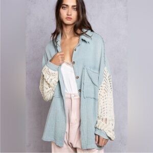 POL Blue Button-Down Shirt with Cream Knit Sleeves